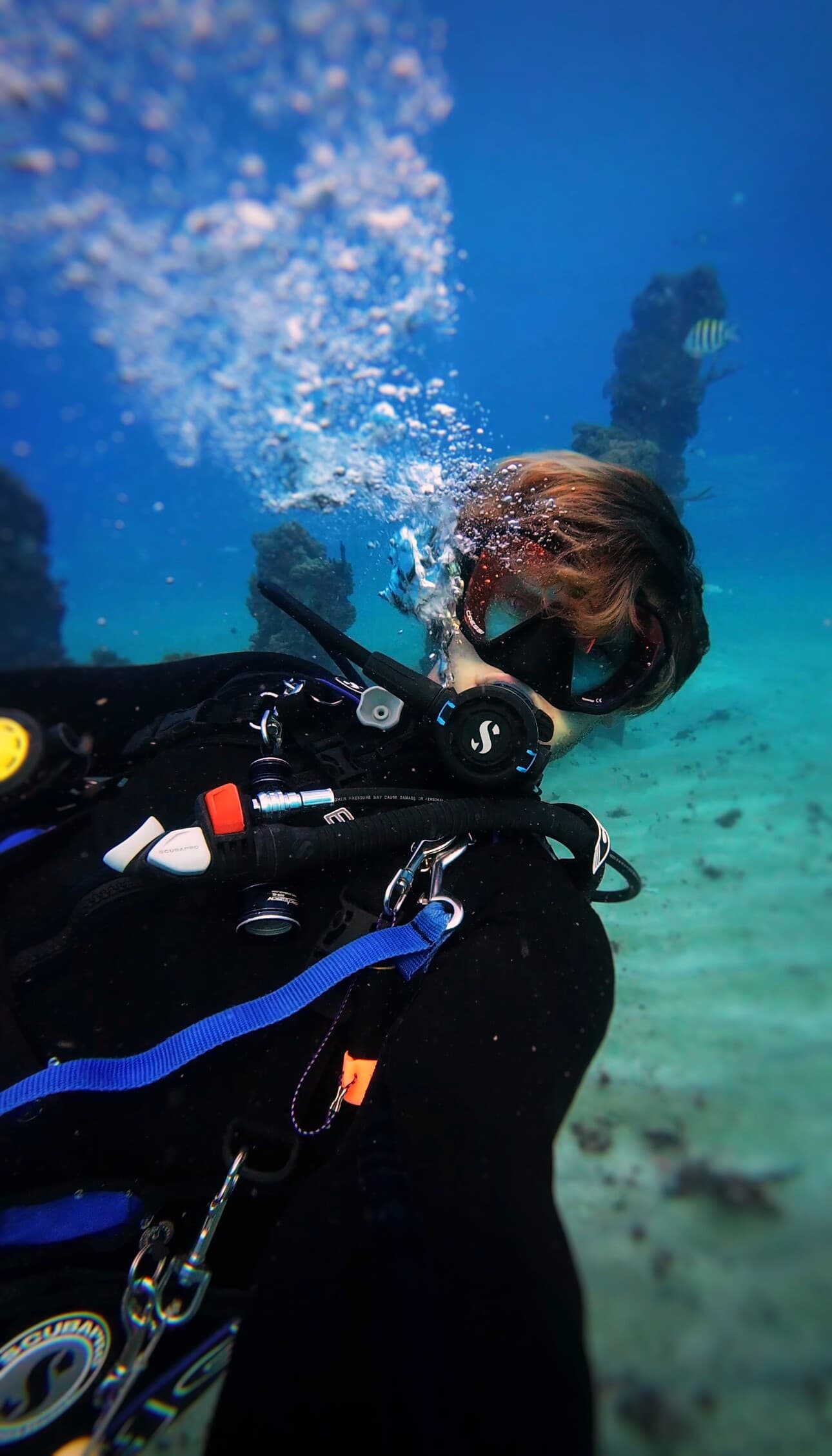 Diver ascending through a cascade of bubbles